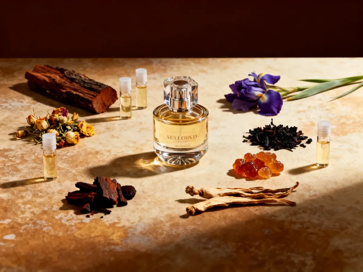 Elegancki flakon perfum niszowych otoczony próbkami i składnikami zapachowymi
