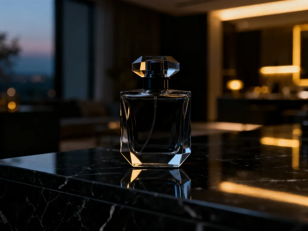 Elegancki flakon perfum Armani Code na czarnym marmurze w luksusowym, wieczorowym wnętrzu.