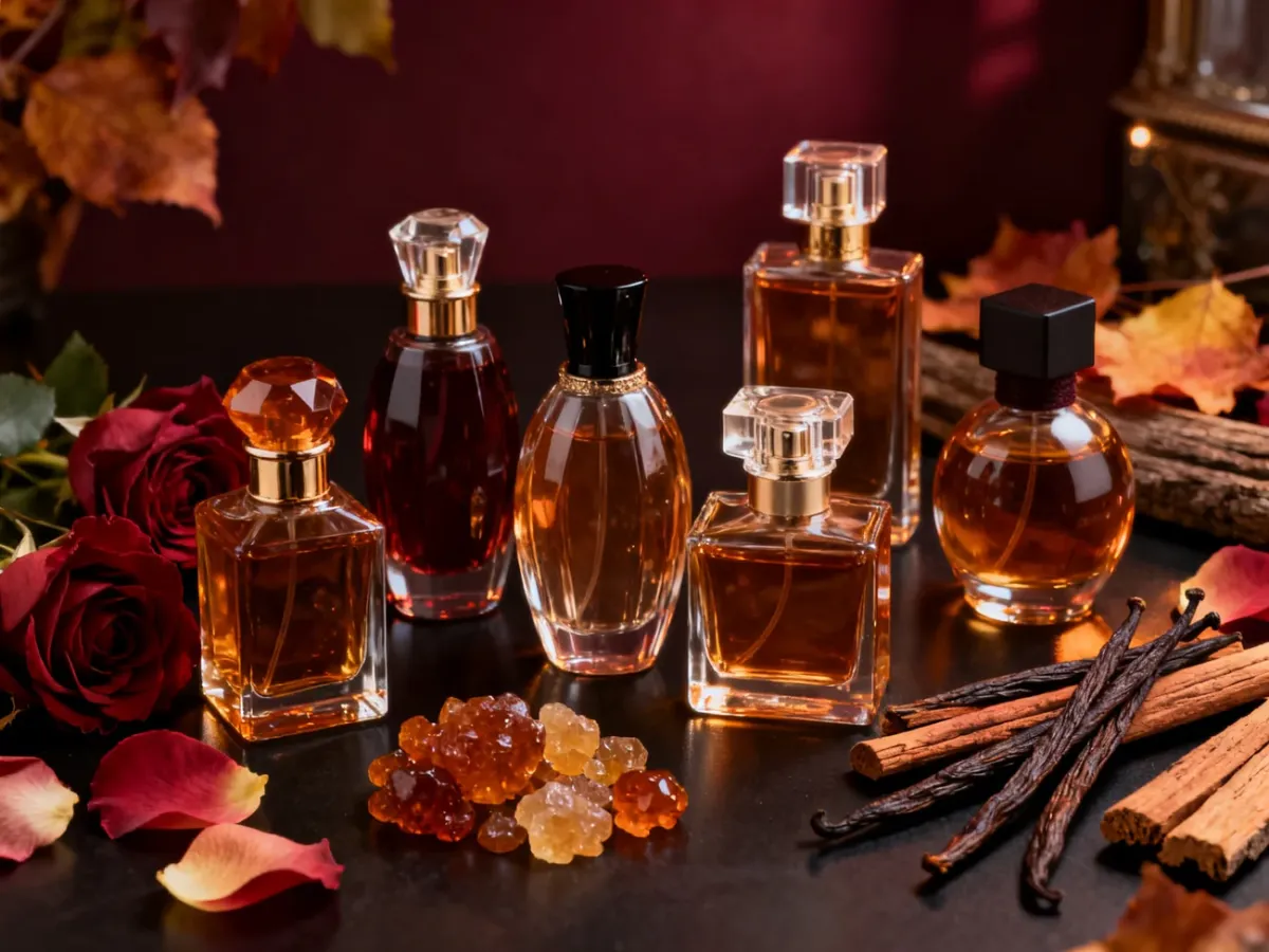 Kolekcja orientalnych perfum damskich w otoczeniu ambry, wanilii i drewna oud
