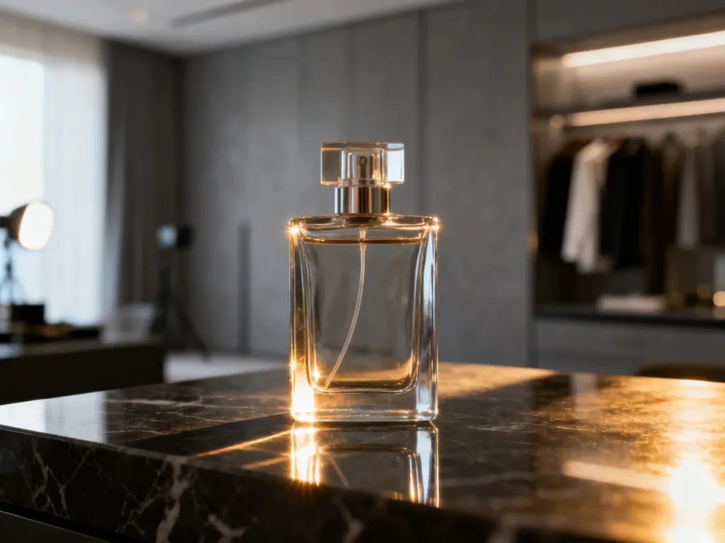 Elegancki flakon perfum Chanel Allure na ciemnym marmurowym blacie w świetle poranka.