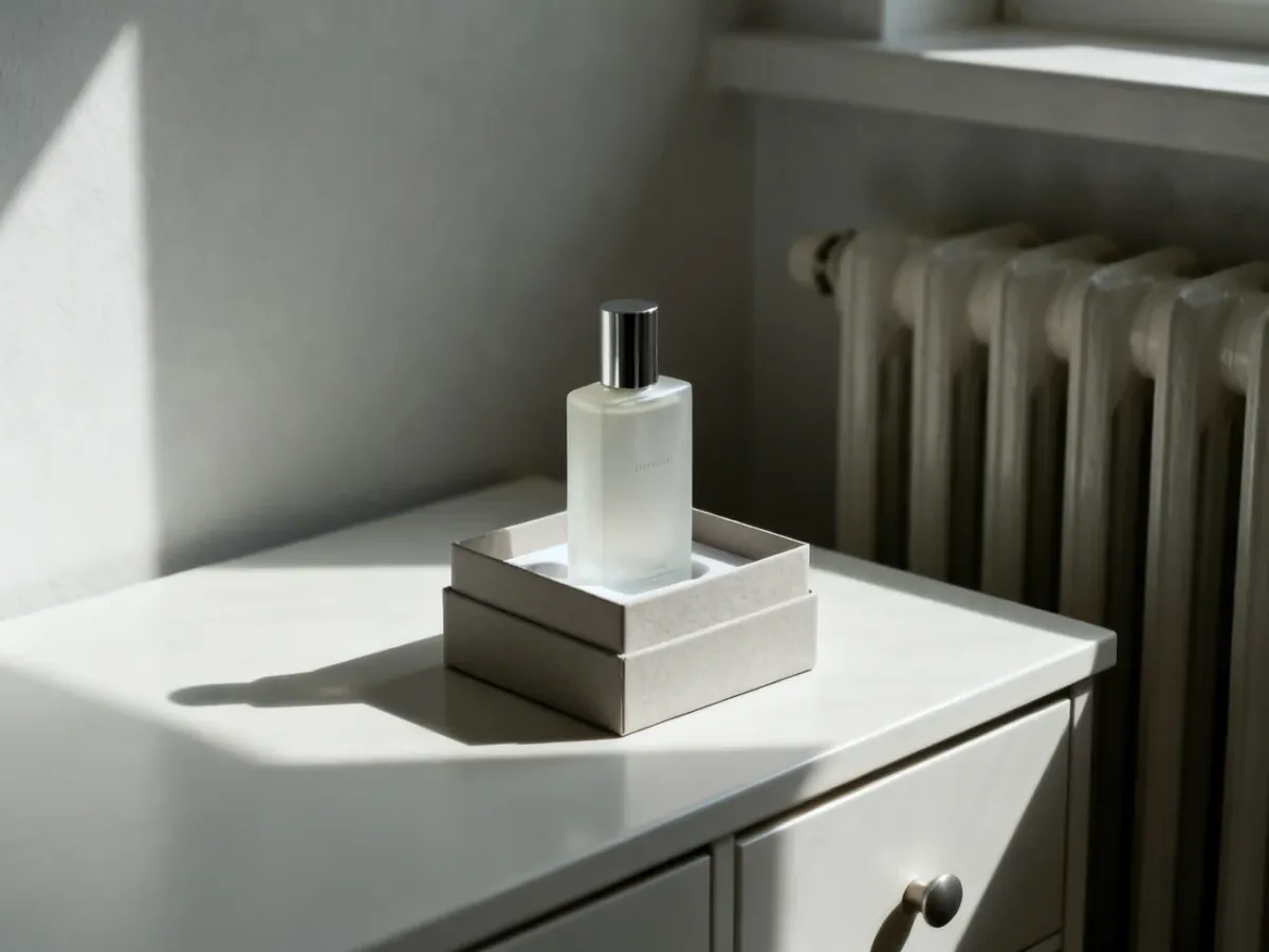 Perfume stored upright in a cool shaded place
