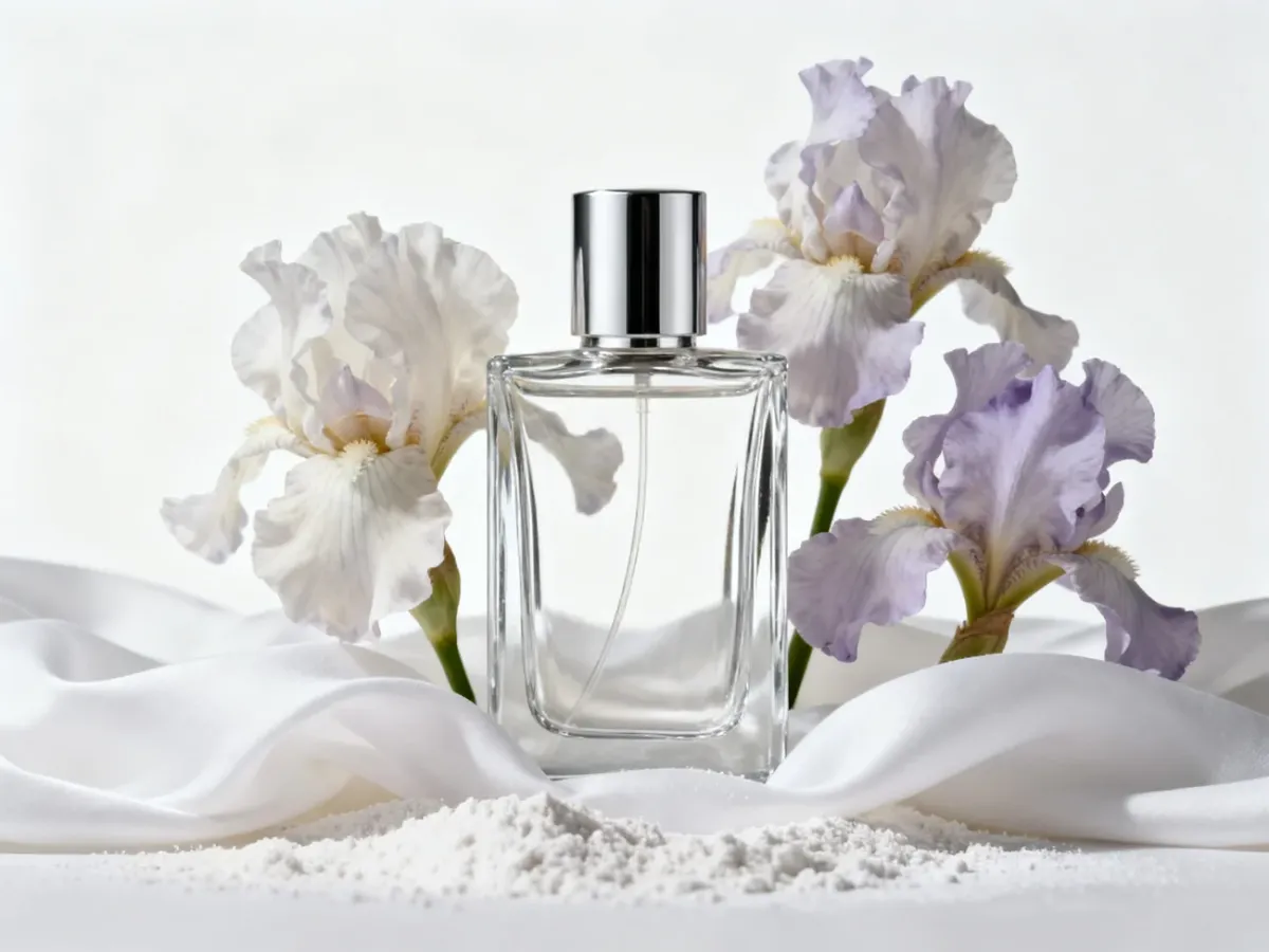 Minimalist perfume bottle with iris flowers and soft white fabric
