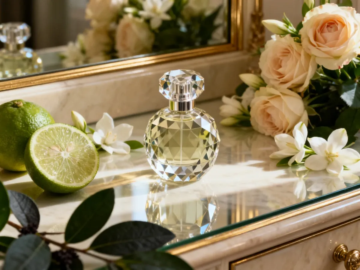 Elegancka kompozycja perfumeryjna z cytrusami, kwiatami i liśćmi paczuli
