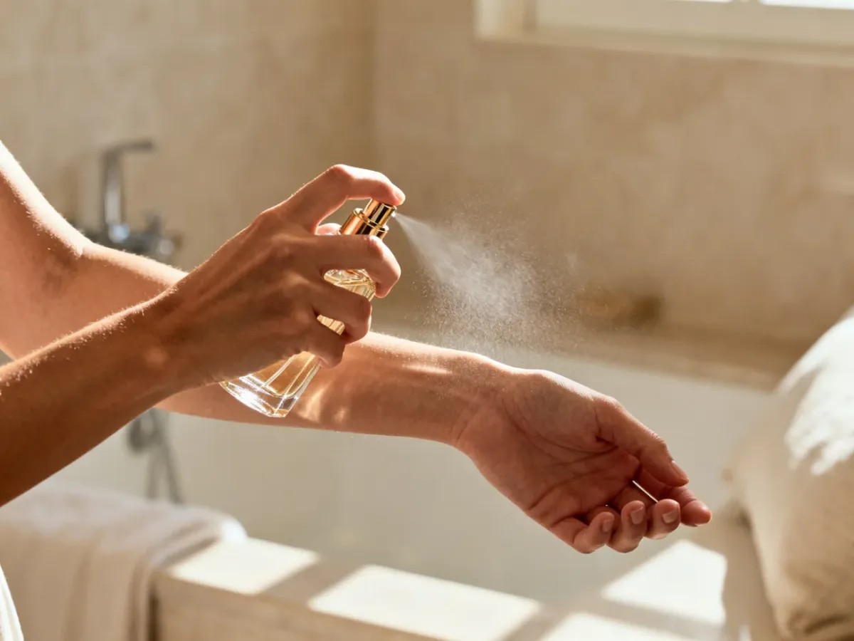 A person applying perfume to the wrist