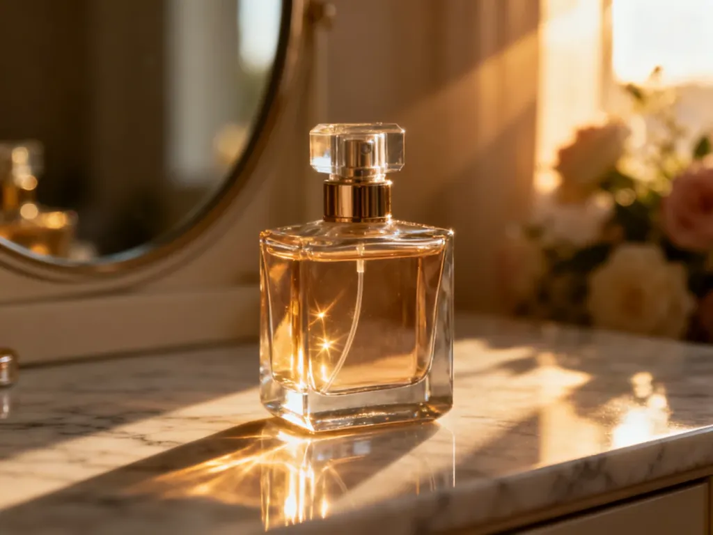 Elegancki flakon perfum na marmurowym blacie w promieniach słońca, tworzący luksusową atmosferę zakupów online.