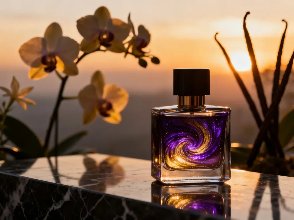 Elegancki flakon perfum Temptation z mieniącym się płynem na marmurowym blacie w otoczeniu jaśminu i wanilii.