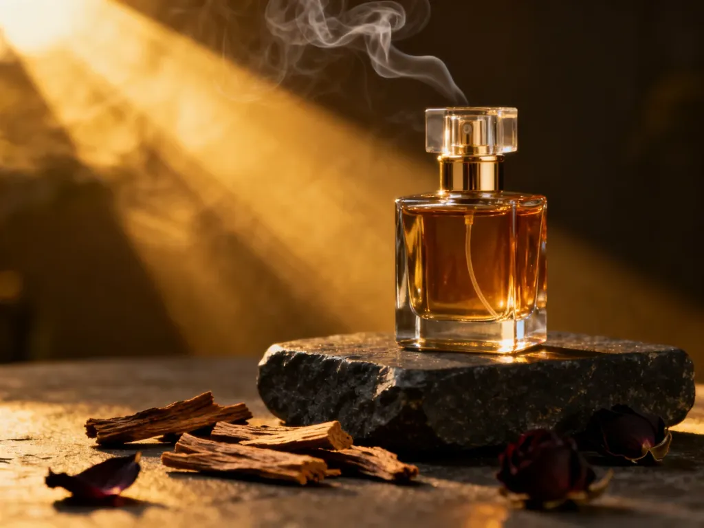 Luksusowy flakon perfum z nutą oudu na kamiennym tle, otoczony płatkami róż i kawałkami drewna agarowego.