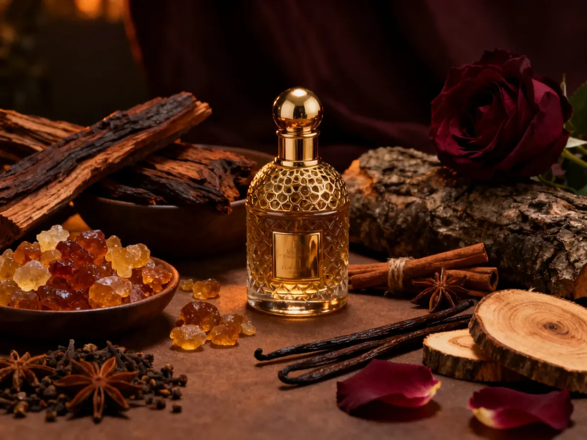 Składniki orientalnych perfum ułożone wokół eleganckiego flakonu