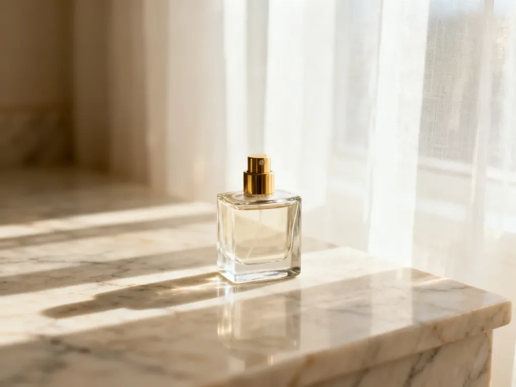 Minimalistyczny flakon perfum na marmurowym blacie w promieniach porannego słońca, tworzący elegancki i spokojny nastrój.