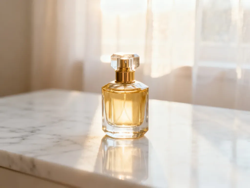 Elegancki flakon perfum na marmurowym blacie w promieniach porannego słońca.
