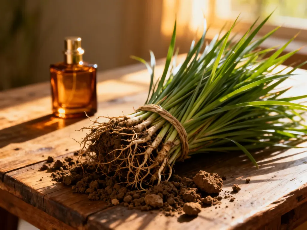 Pęczek świeżych korzeni wetiwerii na drewnianym stole obok flakonu perfum w ciepłym, słonecznym świetle.
