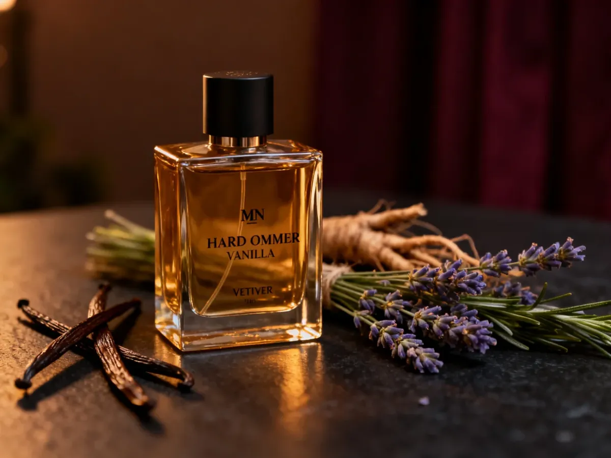 Elegancka męska butelka perfum otoczona wanilią, lawendą i wetywerią w ciepłej, wieczorowej scenerii