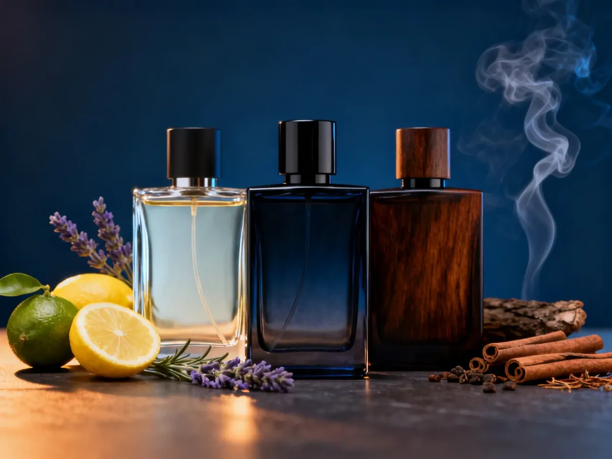Trzy flakony perfum przedstawiające przejście od świeżych cytrusowych nut do głębokiej drzewnej bazy