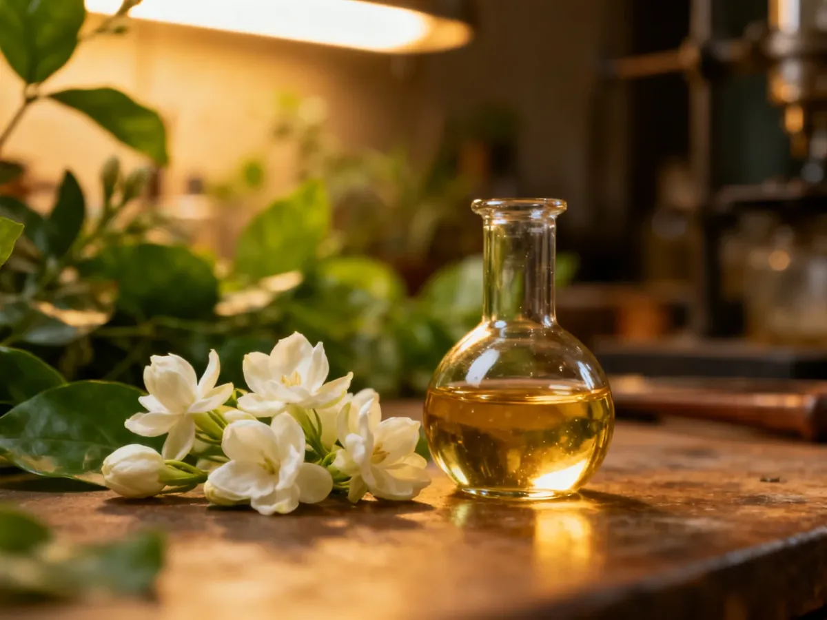 Kwiaty jaśminu i esencja absolutu w pracowni perfumeryjnej