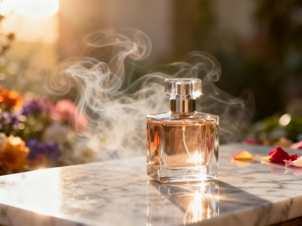 Elegancki flakon perfum na marmurowym blacie w otoczeniu kwiatowych płatków i aromatycznej mgiełki w promieniach słońca.