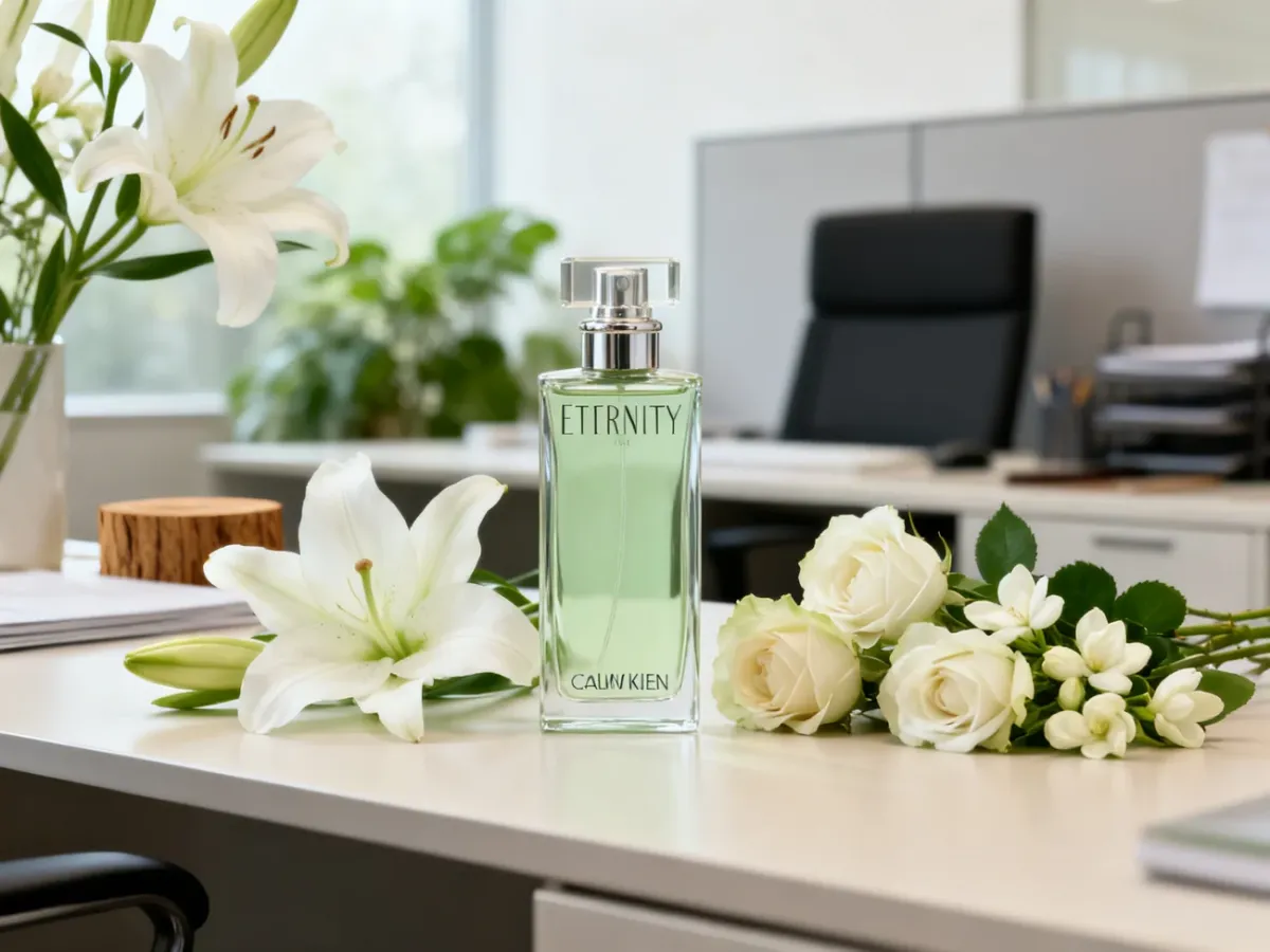 Perfumy Eternity wśród białych kwiatów i delikatnej zieleni