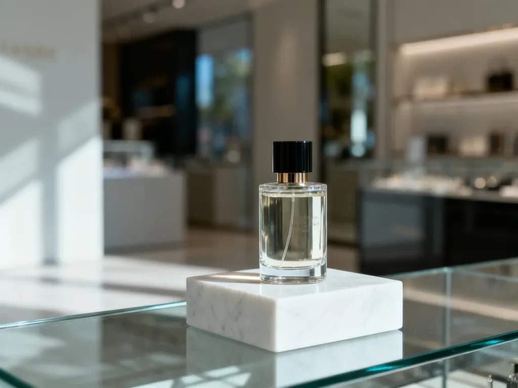 Luksusowy flakon perfum na marmurowym postumencie w eleganckim wnętrzu butiku.