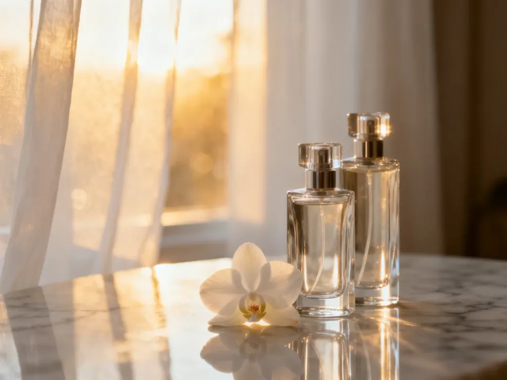 Dwie luksusowe butelki perfum na marmurowym blacie w otoczeniu płatka orchidei, podkreślające elegancję zapachów.