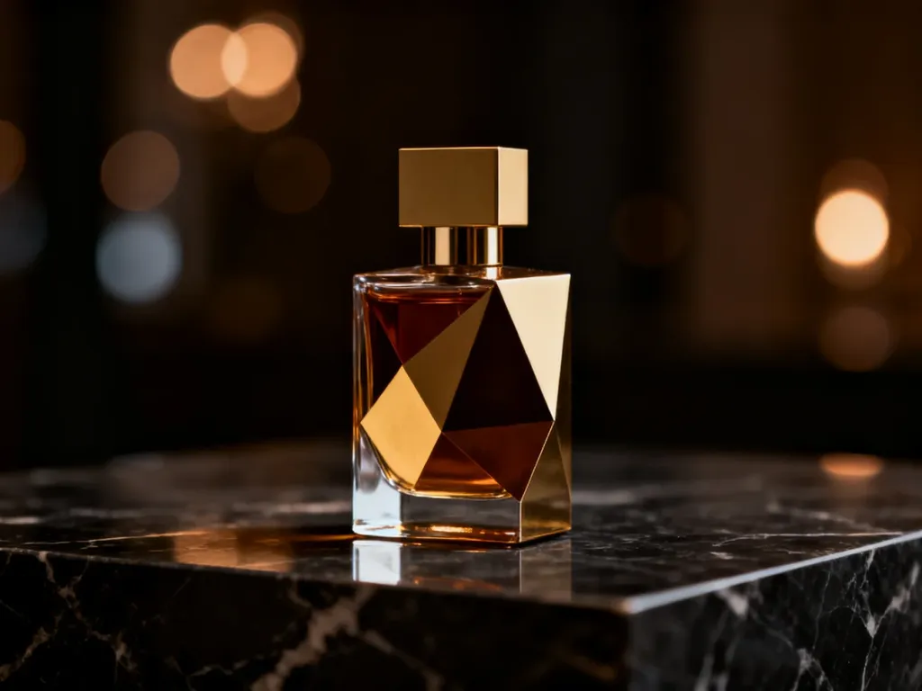 Elegancki flakon perfum Bvlgari na ciemnym marmurowym blacie w nastrojowym, złotym oświetleniu.