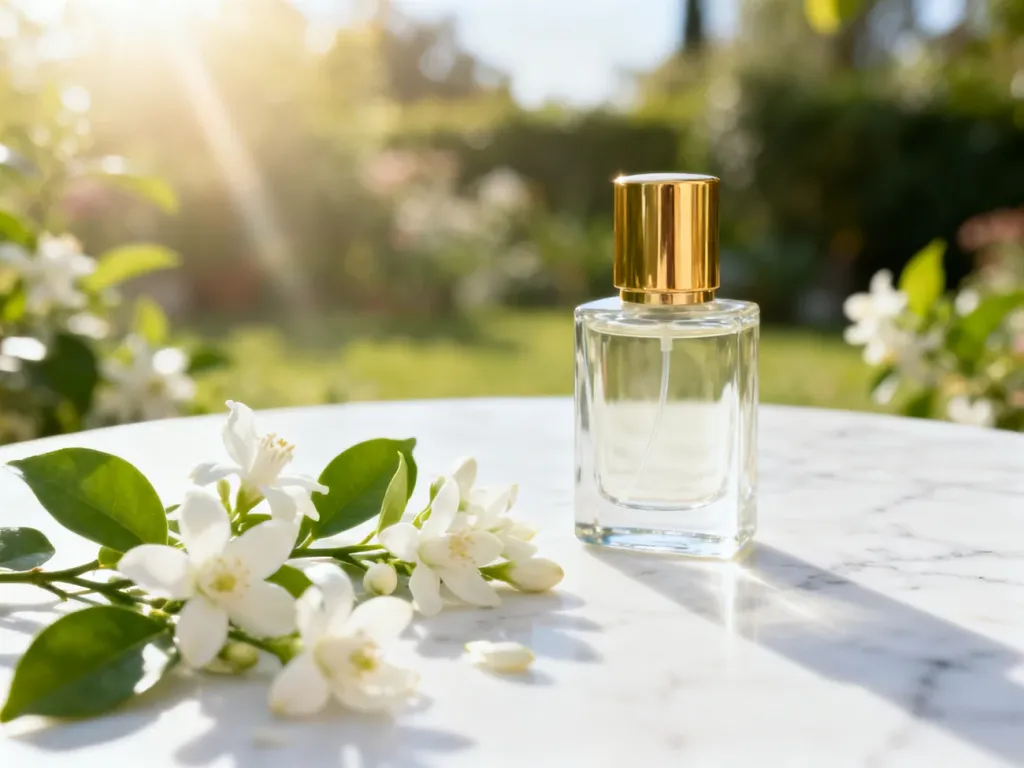 Elegancki flakon perfum na marmurowym blacie w otoczeniu świeżych kwiatów neroli i zielonych liści.