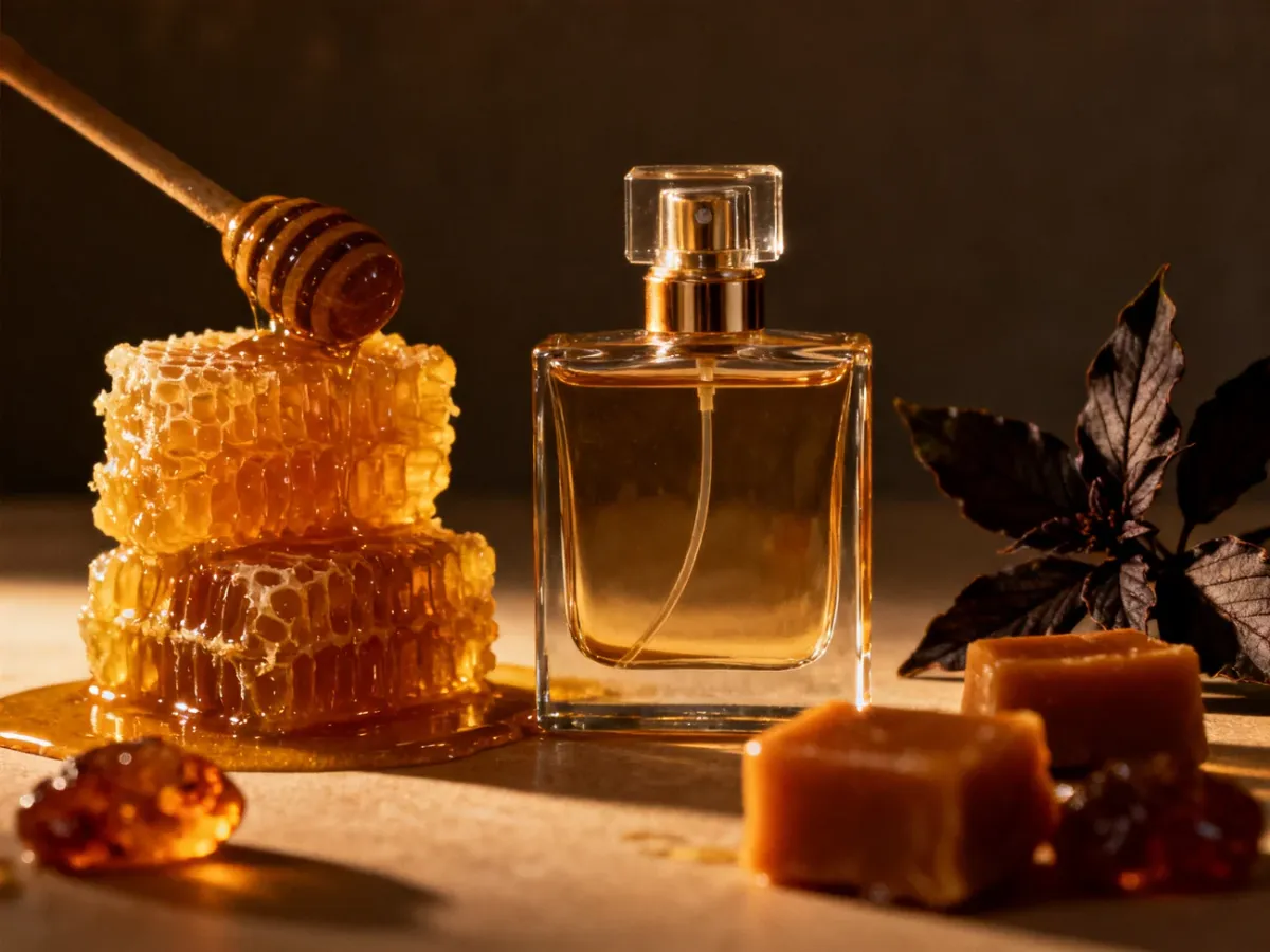 Perfumy otoczone miodem, karmelem i liśćmi paczuli w ciepłej kolorystyce