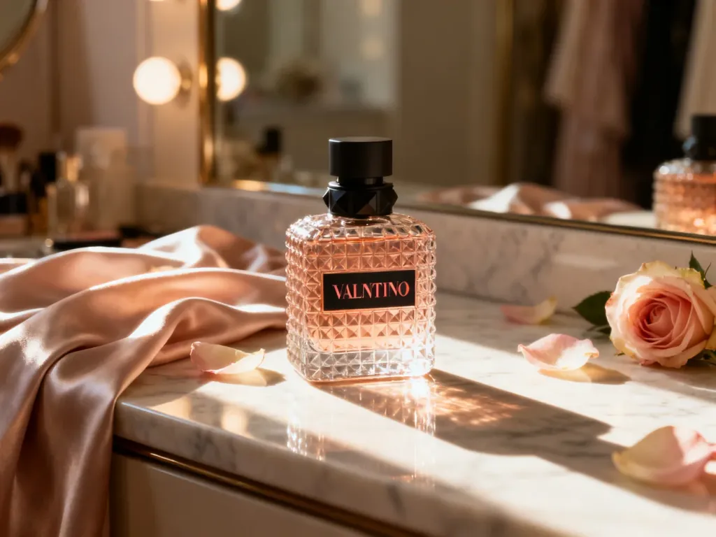 Elegancki flakon perfum Valentino na marmurowym blacie w otoczeniu płatków róż i jedwabiu w luksusowym wnętrzu.