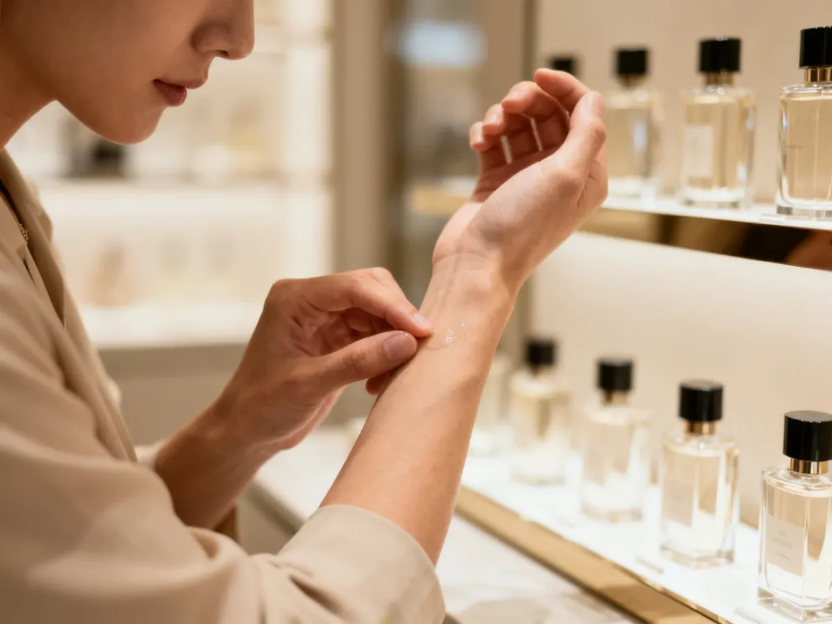 Testowanie perfum na nadgarstku w eleganckiej perfumerii