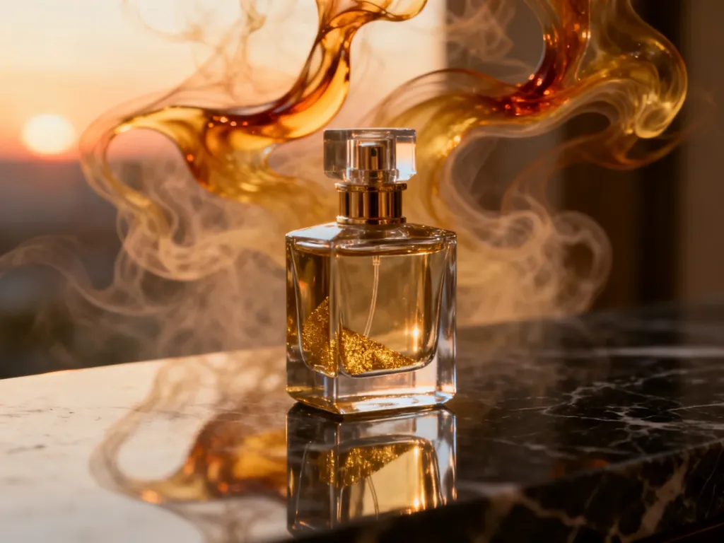 Elegancki flakon perfum Hugo Boss The Scent na marmurowym blacie w otoczeniu złotych refleksów światła.