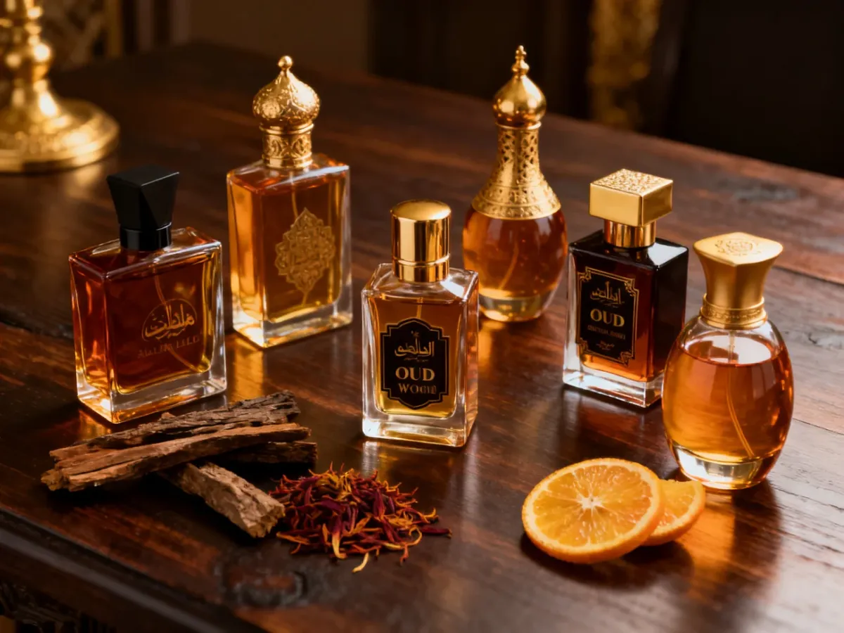 Eleganckie arabskie flakony męskich perfum w otoczeniu oudu i przypraw