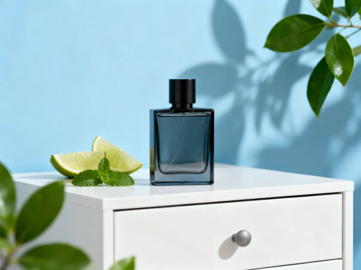 Elegancki flakon męskich perfum w świeżej, minimalistycznej aranżacji z cytrusami i zielonymi liśćmi