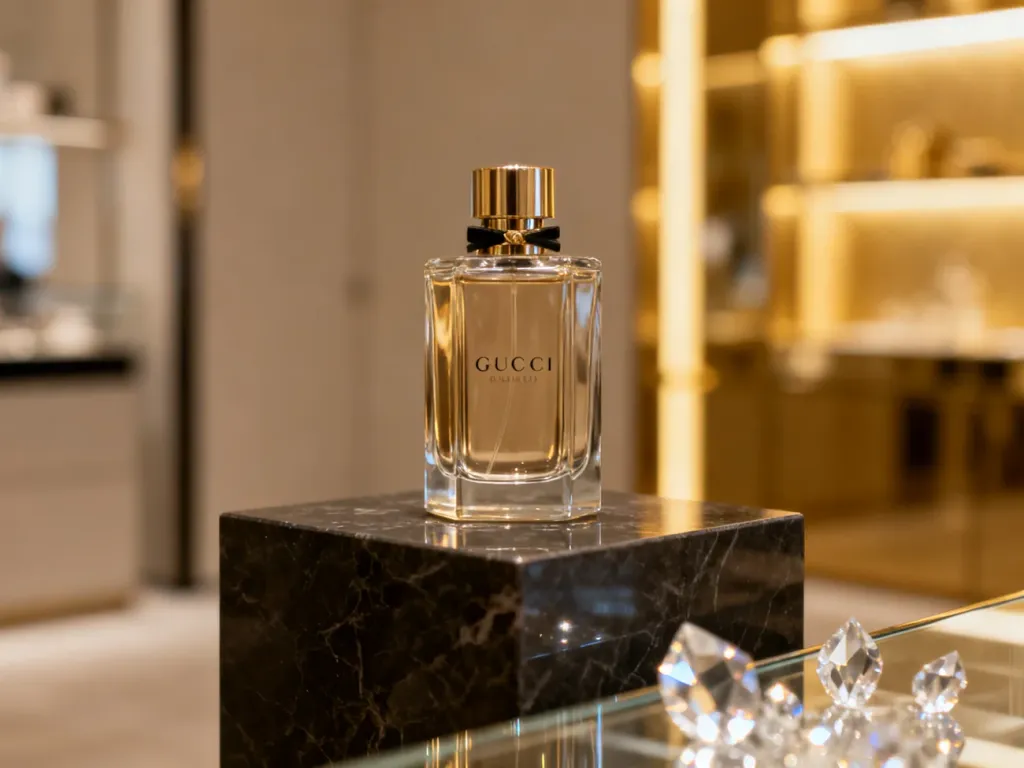 Elegancki flakon męskich perfum Gucci na marmurowym postumencie w luksusowym wnętrzu butiku.