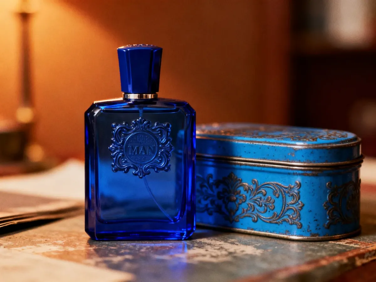 Niebieski flakon Versace Blue Jeans obok ozdobnej puszki