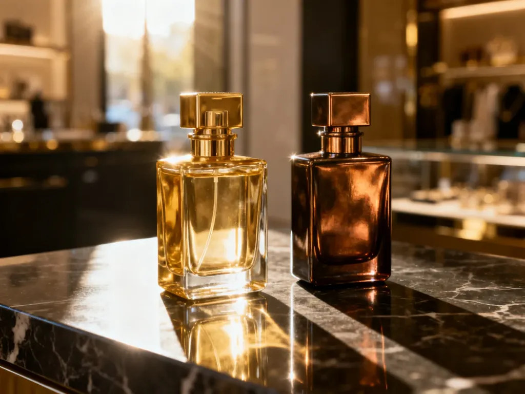 Dwa flakony perfum 1 Million w wersji klasycznej i Parfum, ustawione na eleganckim, marmurowym blacie.