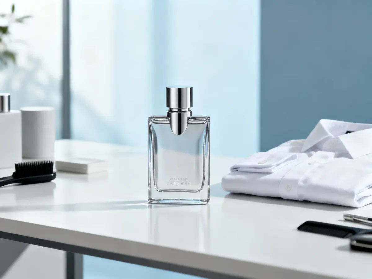 Minimalistyczny flakon świeżych perfum obok białej koszuli