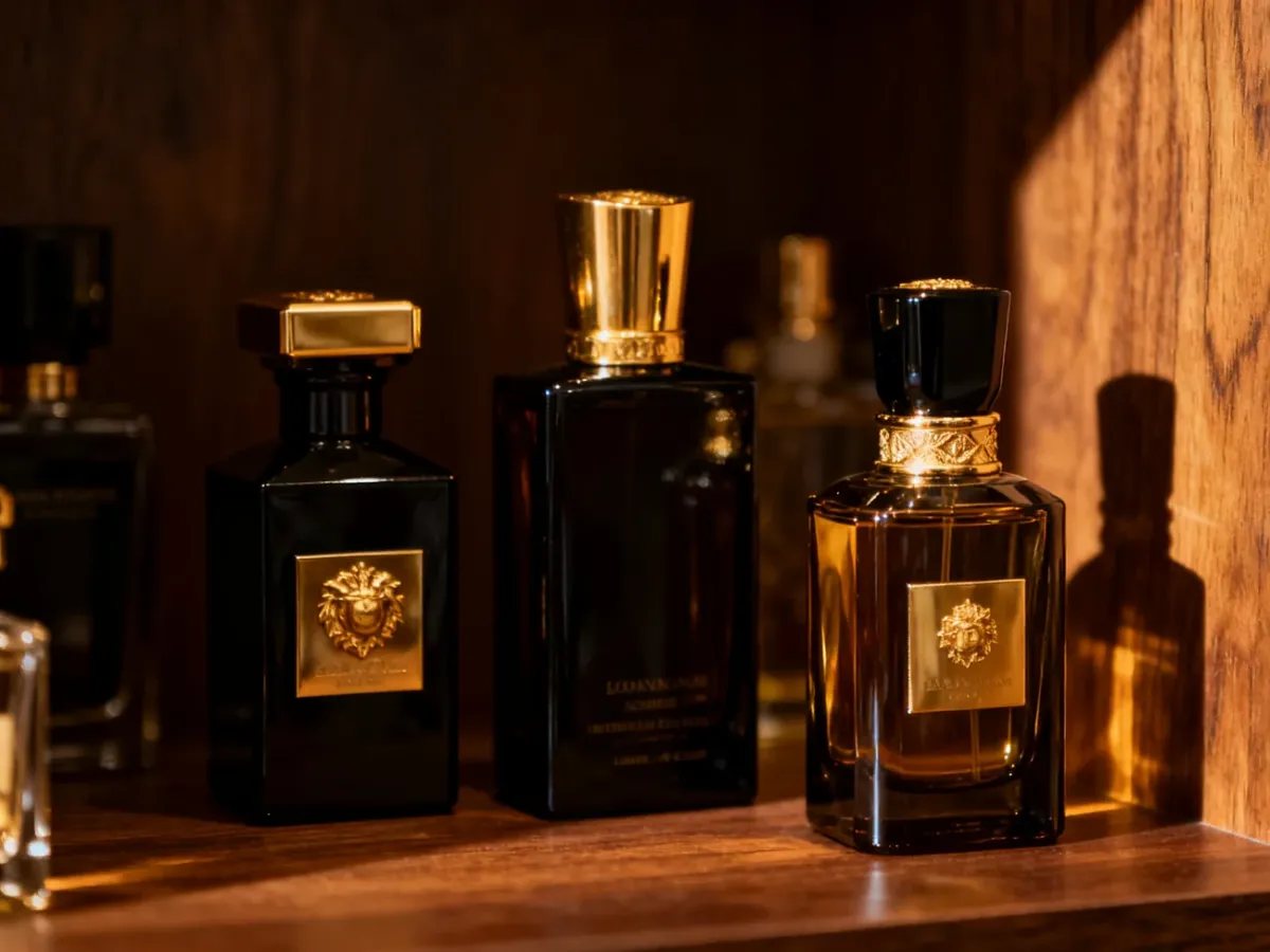 Kolekcja luksusowych flakonów perfum w eleganckim wnętrzu