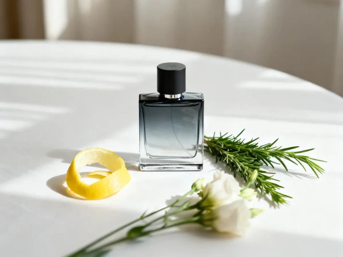 Flakon świeżych cytrusowo-ziołowych perfum w jasnej aranżacji