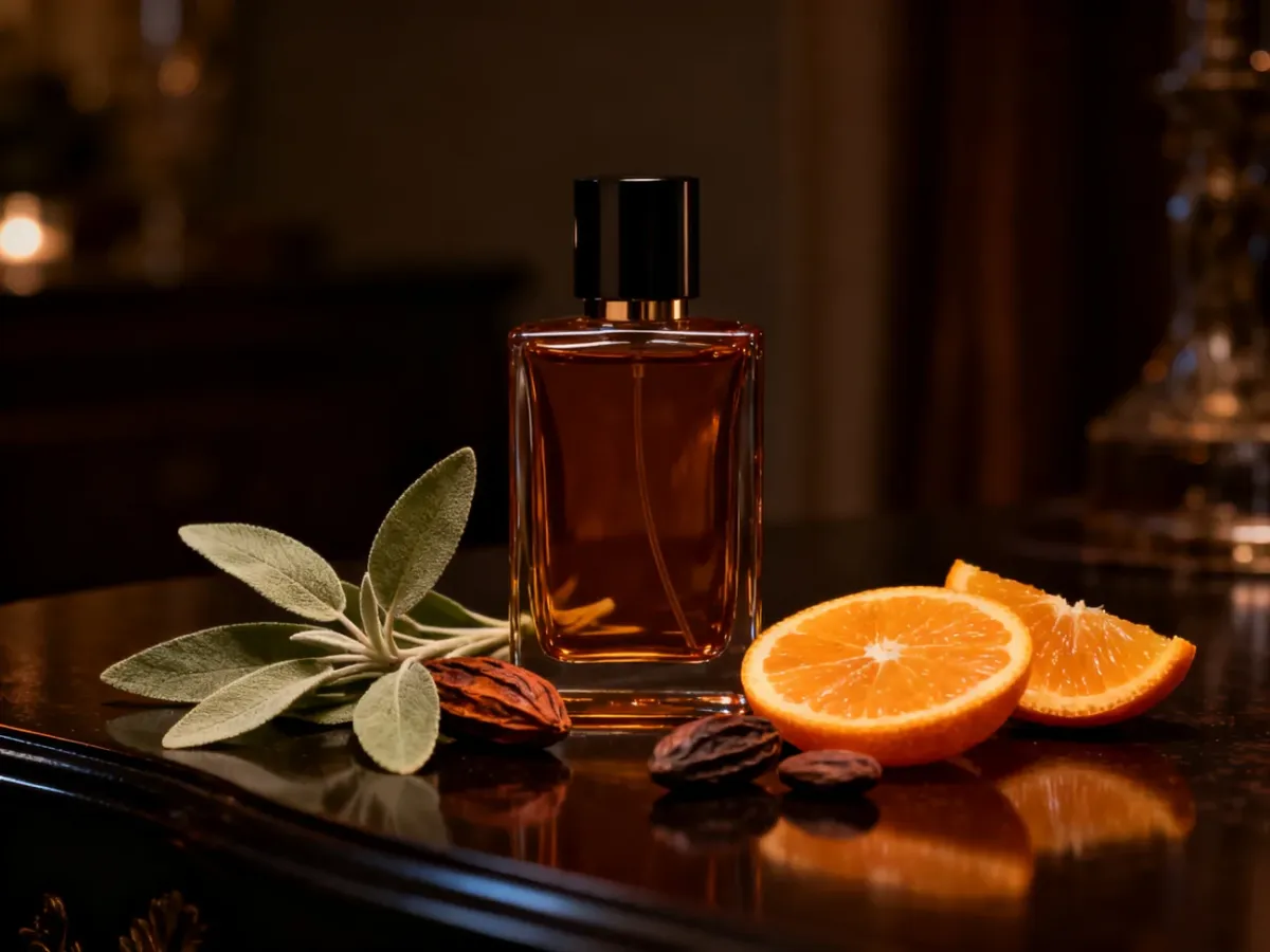 Elegancka butelka męskich perfum otoczona karmelem, mandarynką, szałwią i fasolką tonka