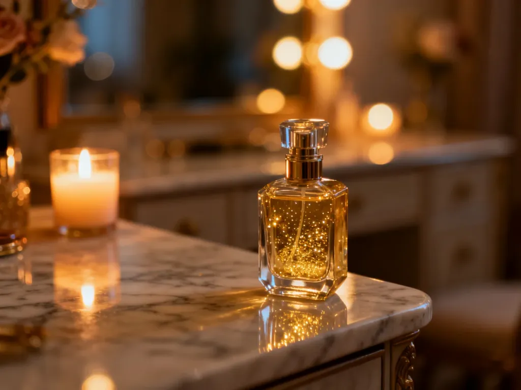 Elegancki flakon perfum na marmurowym blacie w romantycznym, wieczorowym oświetleniu.