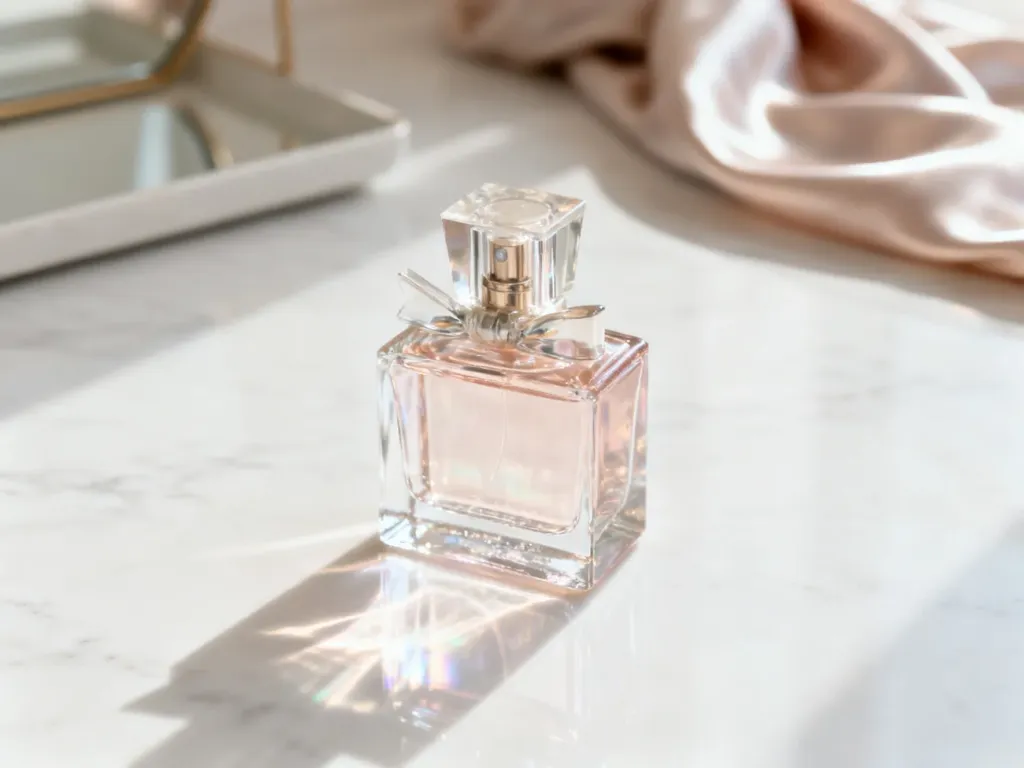 Elegancki flakon perfum na marmurowym blacie w promieniach słońca, ilustrujący estetyczny sposób przechowywania zapachów.