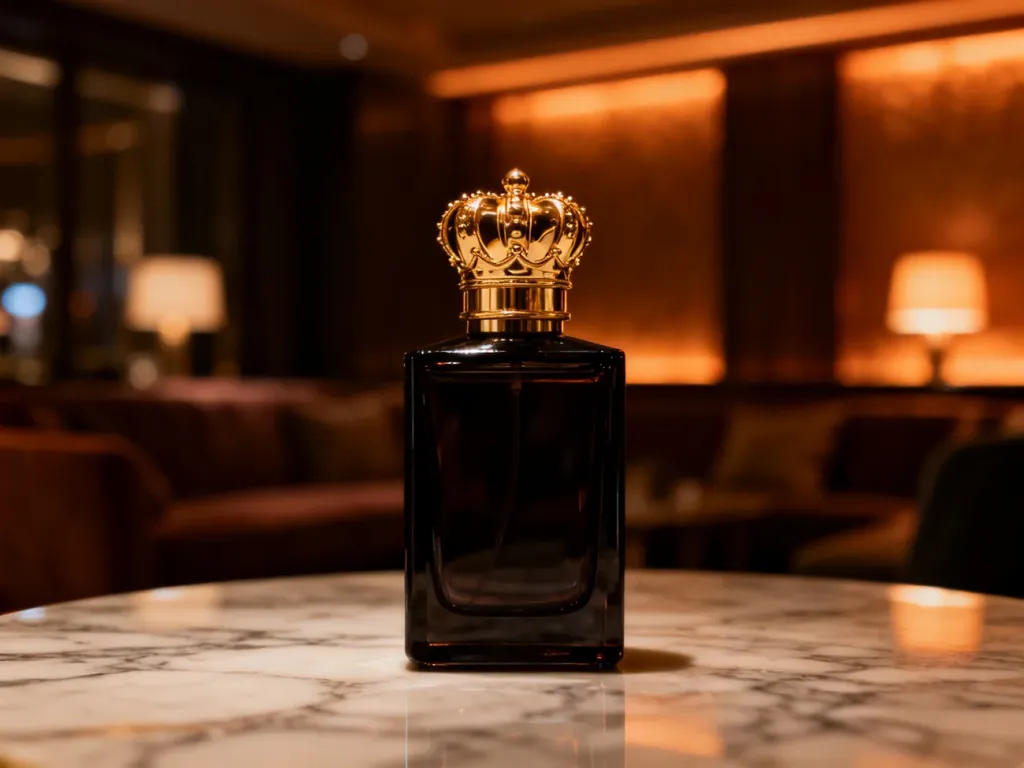 Elegancki flakon perfum Scandal z charakterystycznym złotym korkiem w kształcie korony na marmurowym blacie.