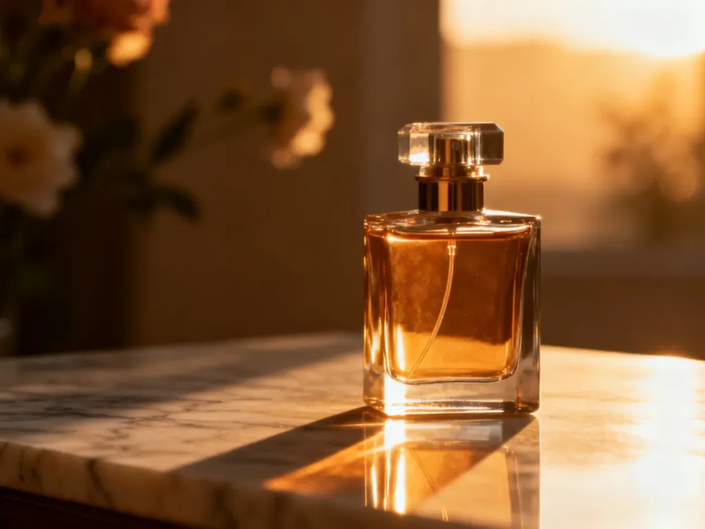 Elegancki flakon perfum na marmurowym blacie w promieniach zachodzącego słońca, podkreślający luksusowy charakter zapachu.