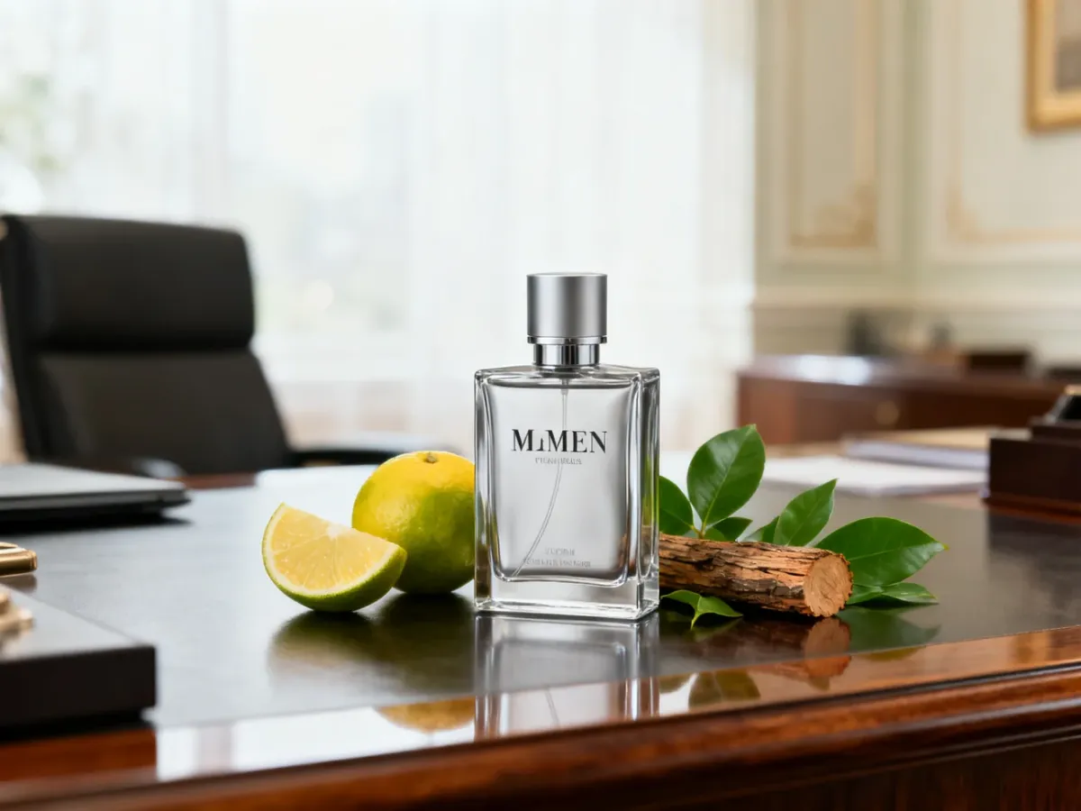 Klasyczne męskie perfumy w świeżej cytrusowo-drzewnej scenerii