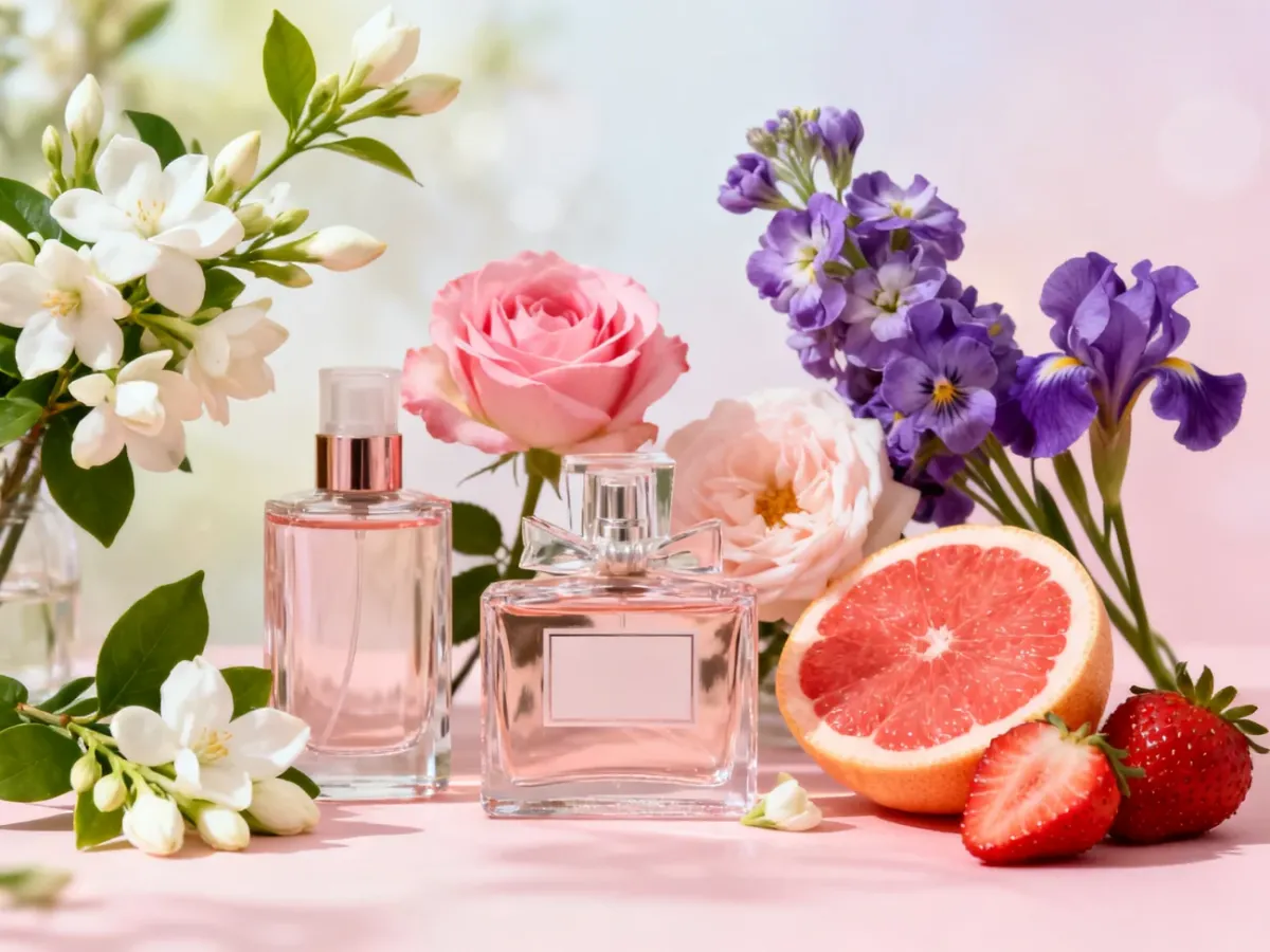 Damskie perfumy wśród kwiatów, owoców i jasnych wiosennych akcentów