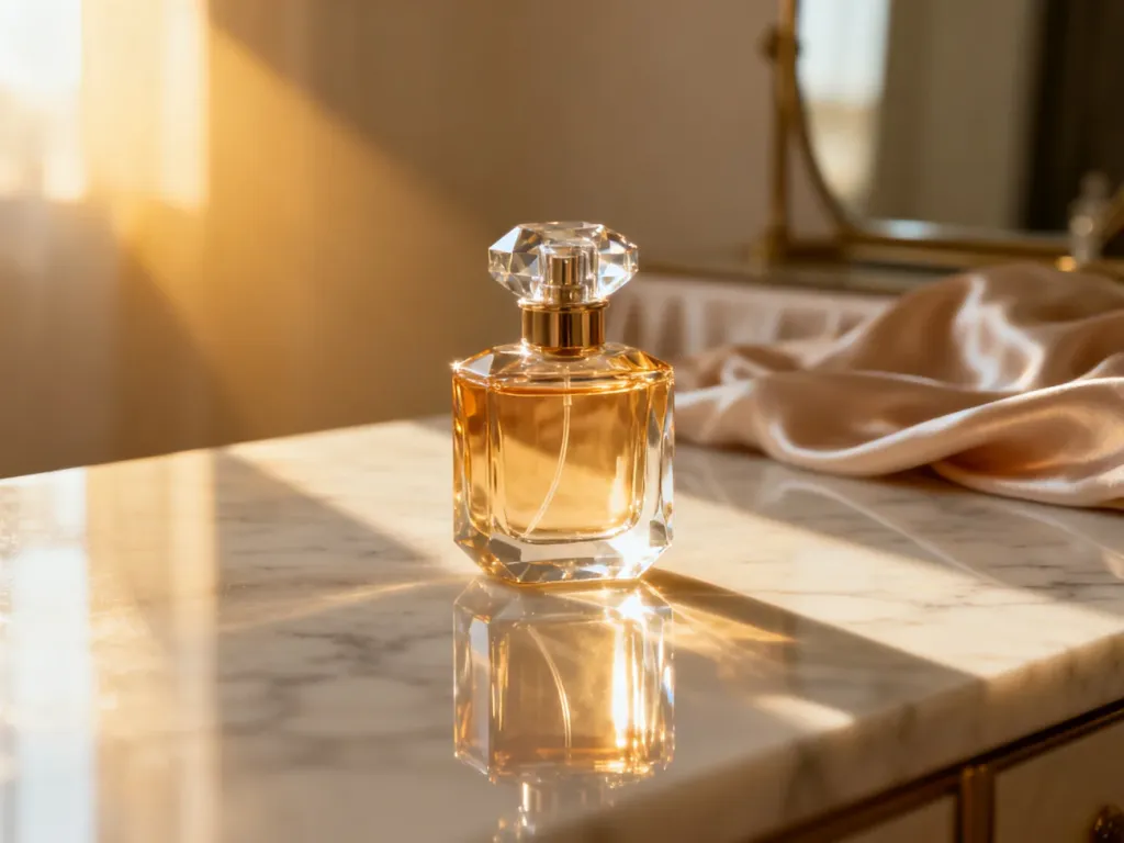 Elegancki flakon perfum na marmurowym blacie w promieniach słońca, podkreślający luksusowy charakter zapachu.