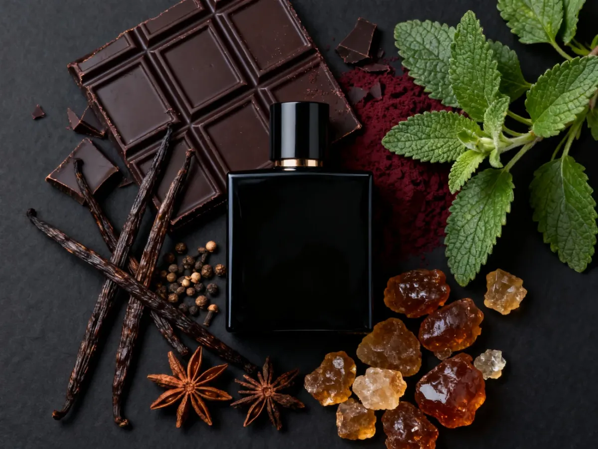 Ciemna kompozycja perfumeryjna z czekoladą, przyprawami i paczulą
