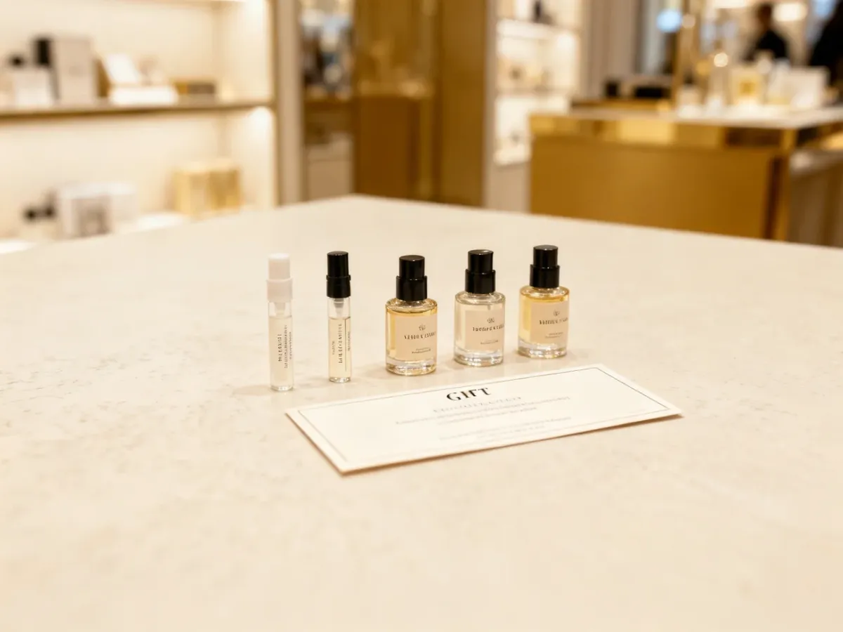 Zestaw miniaturowych perfum, próbek i bonu prezentowego