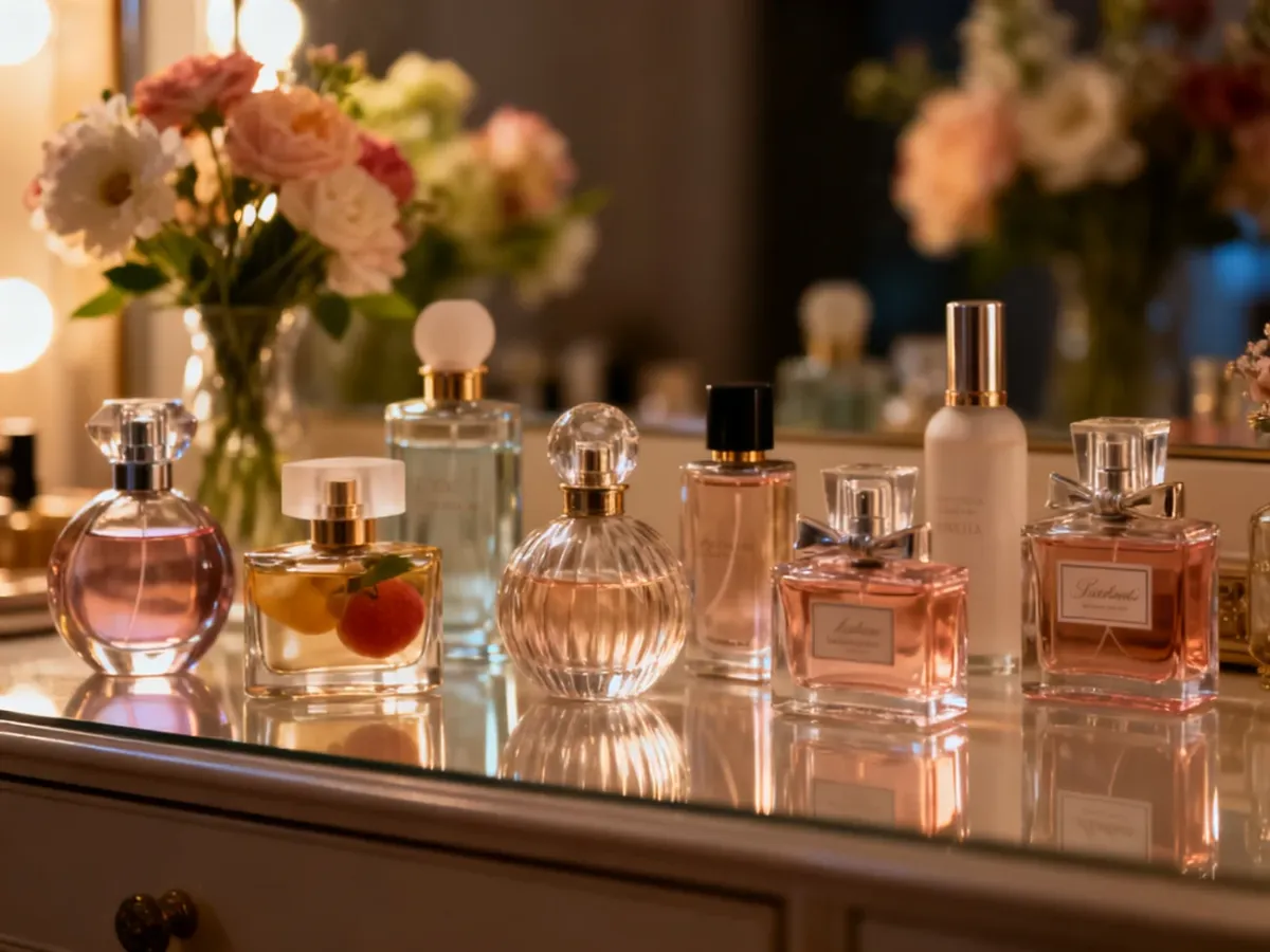 Różnorodne damskie perfumy ułożone na eleganckiej toaletce