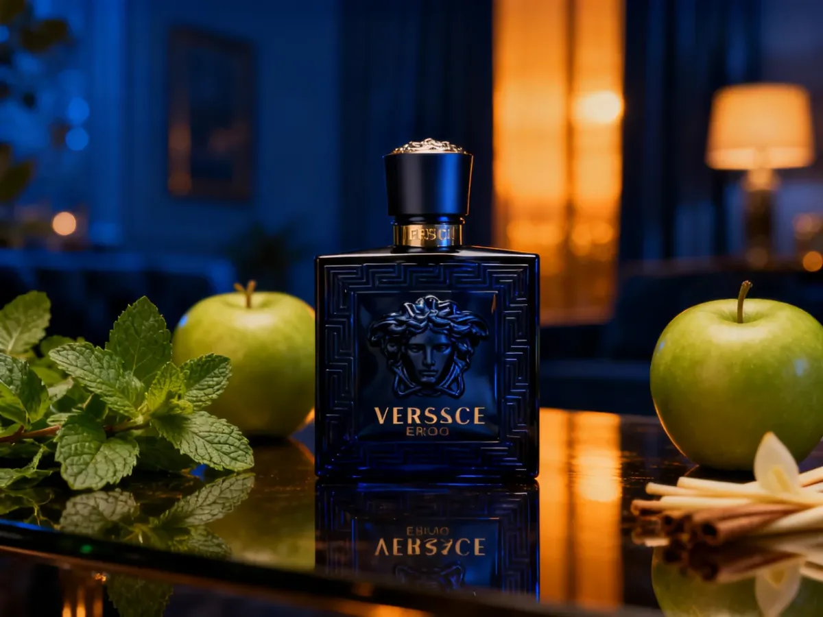 Flakon męskich perfum Eros otoczony miętą i zielonym jabłkiem