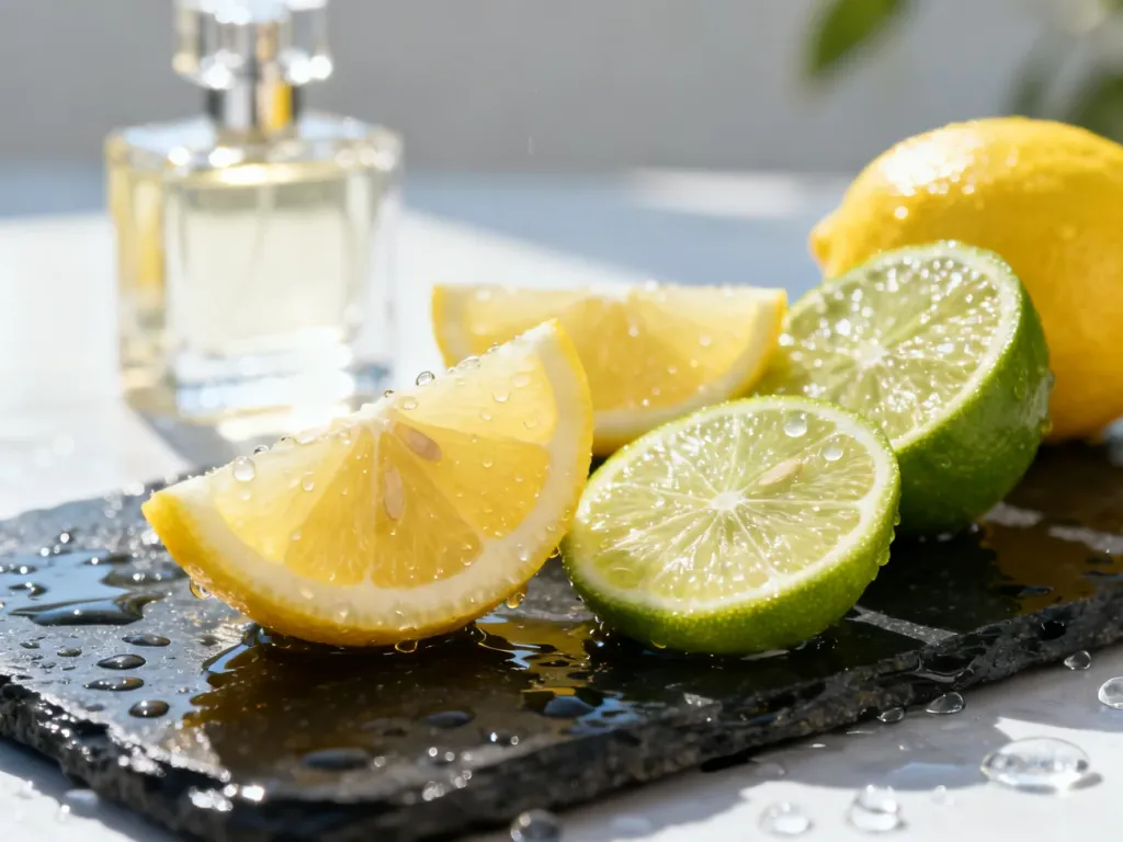 Plastry świeżych cytryn i limonek na mokrej powierzchni obok flakonu perfum, podkreślające orzeźwiający charakter zapachu.