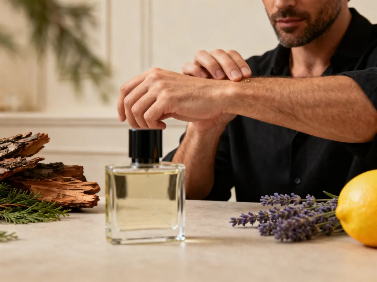 Mężczyzna testujący perfumy z bergamotką na nadgarstku